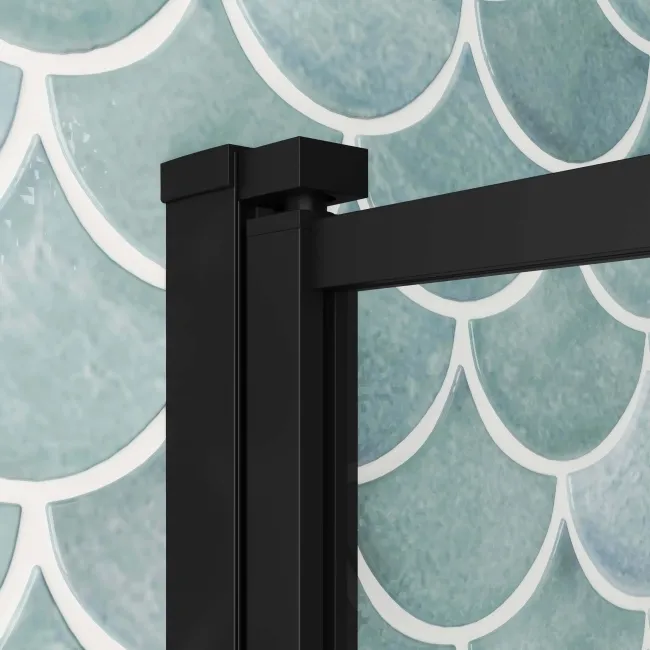 Oakham 1700 Space Saving Shower Bath & 6mm Easy Clean Matt Black Grid Bath Screen - Right Handed