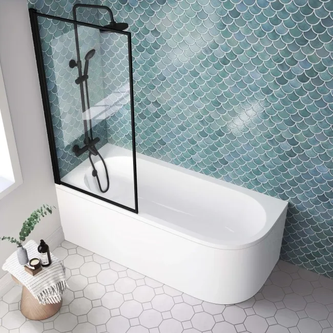 Oakham 1700 Space Saving Shower Bath & 6mm Easy Clean Matt Black Framed Bath Screen - Left Handed