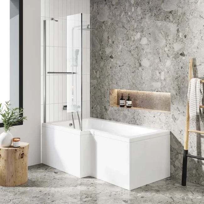 L Shaped 1600 Shower Bath & 4mm Fixed Screen with Rail - Left Handed