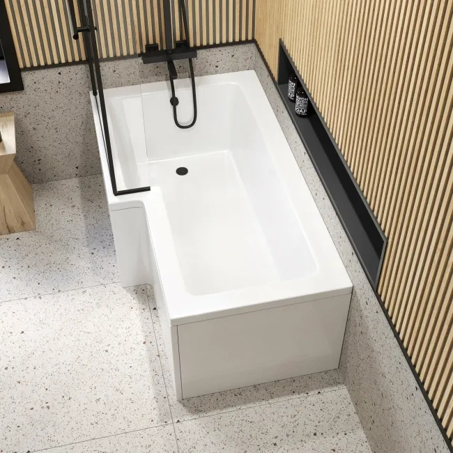 L Shaped 1600 Shower Bath & 6mm Matt Black Easy Clean Screen with Rail - Left Handed