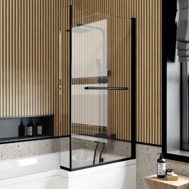 L Shaped 1500 Shower Bath with Front Panel & 6mm Matt Black Easy Clean Screen with Rail - Right Handed