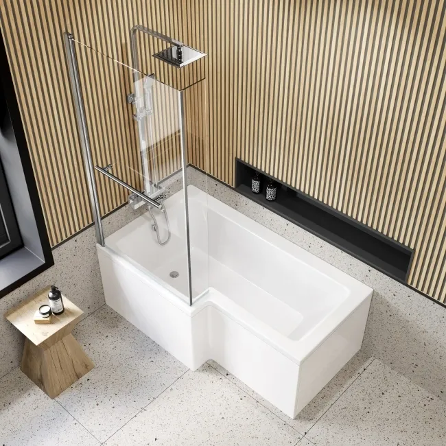 L Shaped 1600 Shower Bath with Front Panel & 6mm Easy Clean Screen with Rail - Left Handed