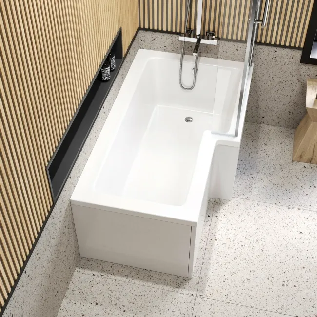 L Shaped 1600 Shower Bath with Front Panel & 6mm Easy Clean Screen with Rail - Right Handed