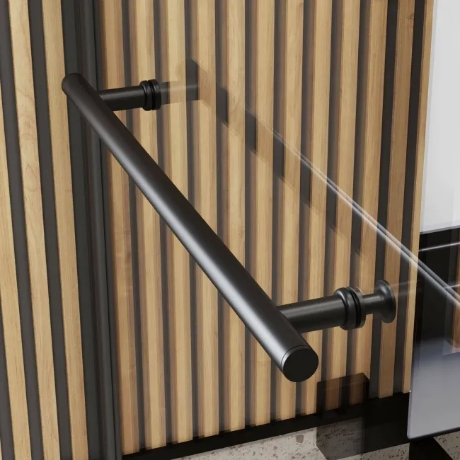L Shaped 1600 Shower Bath with Front Panel & 6mm Matt Black Easy Clean Screen with Rail - Left Handed