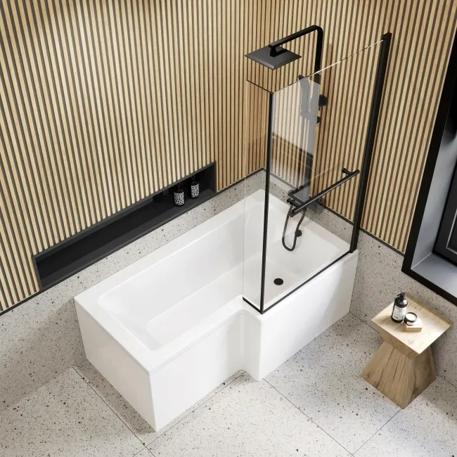 L Shaped 1600 Shower Bath with Front Panel & 6mm Matt Black Easy Clean Screen with Rail - Right Handed