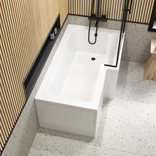 L Shaped 1600 Shower Bath with Front Panel & 6mm Matt Black Easy Clean Screen with Rail - Right Handed