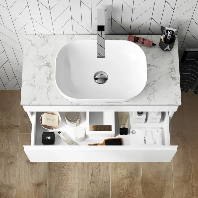 Trent Gloss White Wall Hung Drawer Vanity with Marble Top & Curved Counter Top Basin 800mm