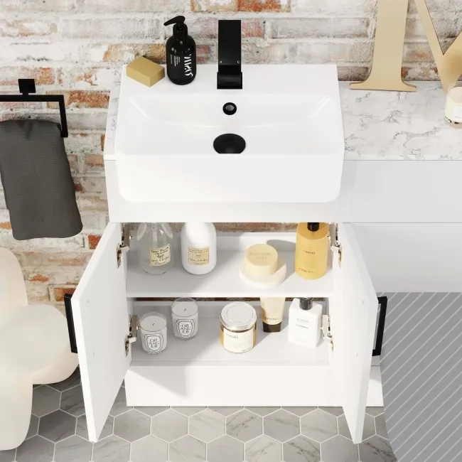 Harper Gloss White Basin Vanity With Marble Top and Back To Wall Toilet Unit 1000mm - Black Accents