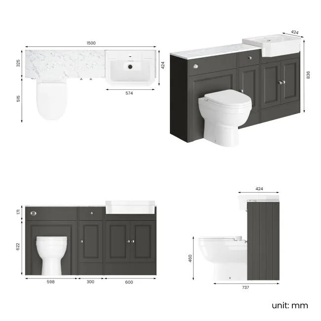 Monaco Graphite Grey Combination Vanity Traditional Basin with Marble Top and Seattle Toilet 1500mm