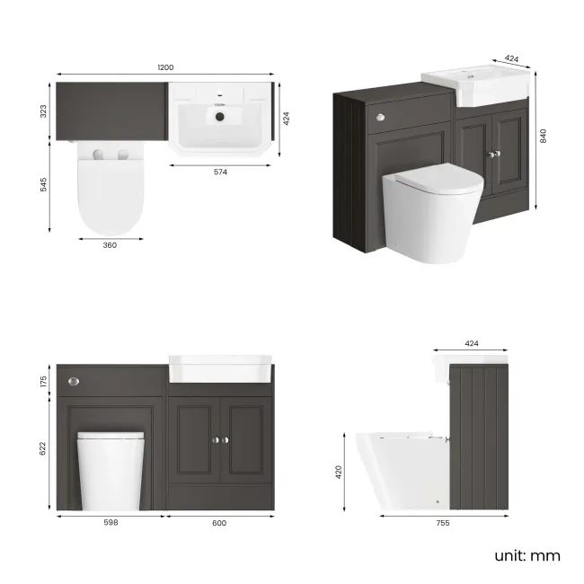 Monaco Graphite Grey Combination Vanity Traditional Basin and Boston Toilet 1200mm