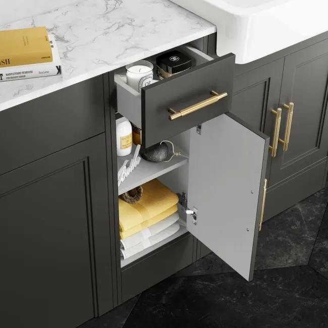 Monaco Graphite Grey Combination Vanity Basin with Marble Top 1500mm (Excludes Pan & Cistern) - Brass Knurled Handles