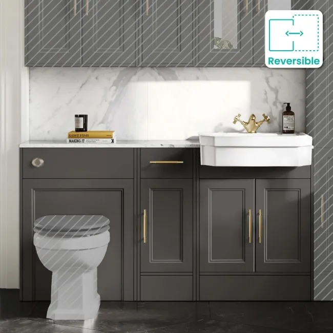 Monaco Graphite Grey Combination Vanity Traditional Basin with Marble Top 1500mm (Excludes Pan & Cistern) - Brass Knurled Handles