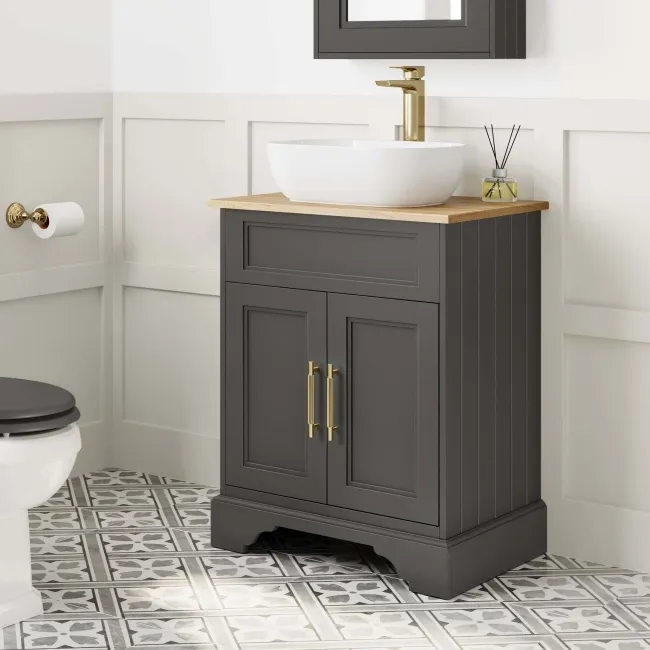 Lucia Graphite Grey Vanity with Oak Effect Top & Curved Counter Top Basin 640mm - Brass Knurled Handles