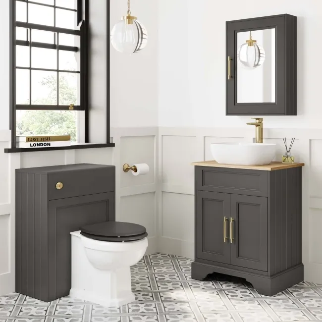Lucia Graphite Grey Vanity with Oak Effect Top & Curved Counter Top Basin 640mm - Brass Knurled Handles