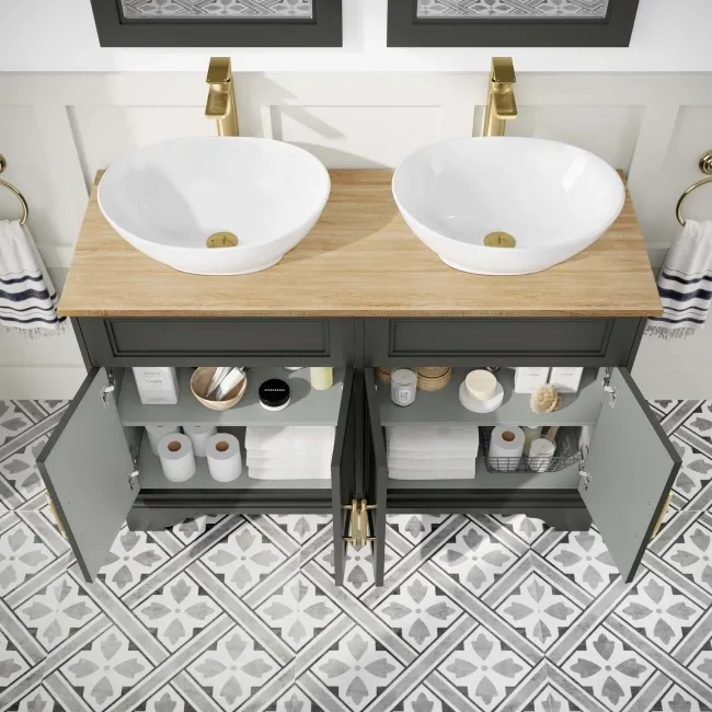 Lucia Graphite Grey Double Vanity with Oak Effect Top & Oval Counter Top Basin 1200mm - Brass Knurled Handles