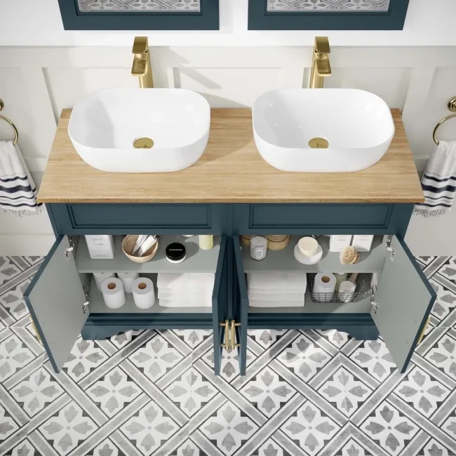 Lucia Inky Blue Double Vanity with Oak Effect Top & Curved Counter Top Basin 1200mm - Brass Knurled Handles