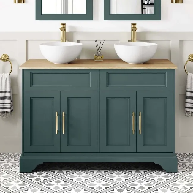 Lucia Midnight Green Double Vanity with Oak Effect Top & Round Counter Top Basin 1200mm - Brass Knurled Handles