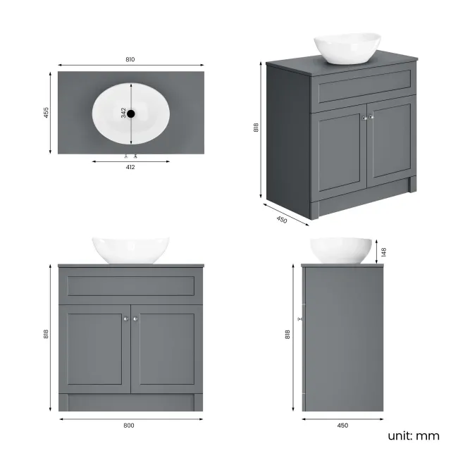Milos Fog Grey Vanity with Oval Basin 800mm - Brushed Handles