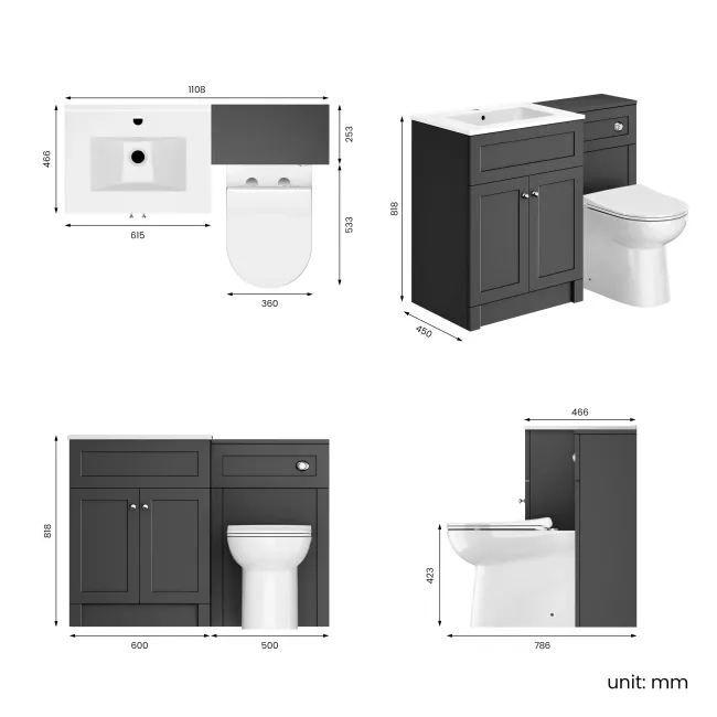 Milos Slate Grey Combination Vanity Basin and Aruba Toilet 1100mm - Chrome Handles
