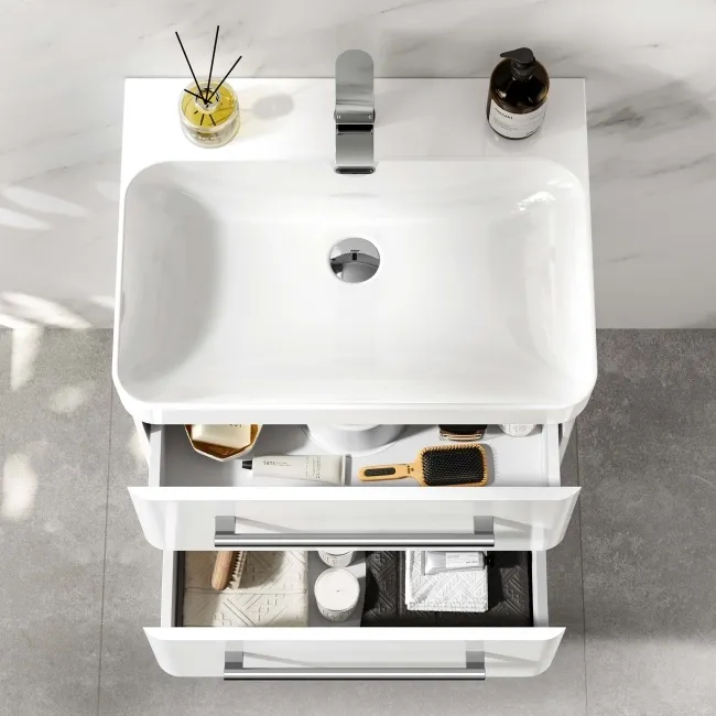 Omaha Gloss White Wall Hung Basin Drawer Vanity 600mm