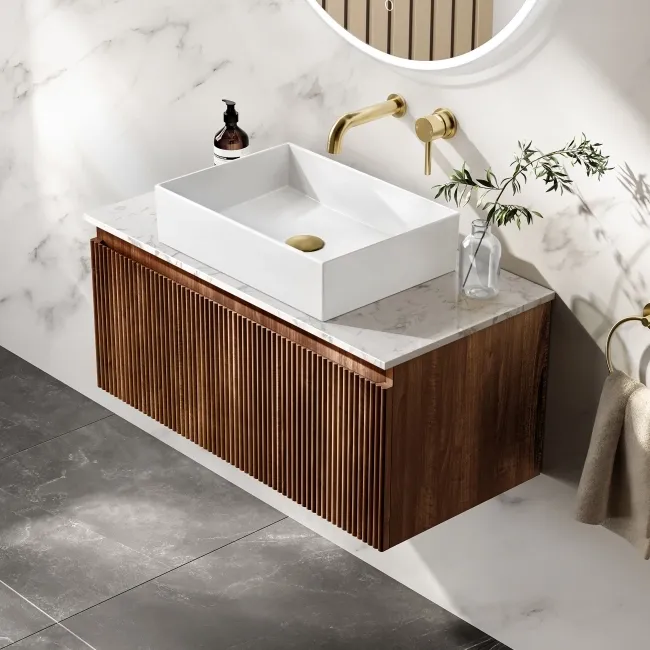 Malta Fluted Black Walnut Wall Hung Drawer Vanity with Marble Top & Cody Basin 800mm