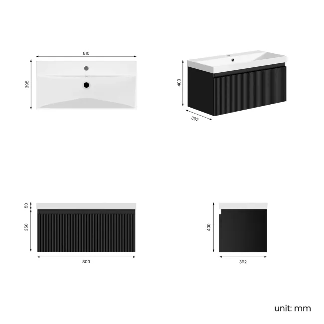 Malta Fluted Matt Black Wall Hung Basin Drawer Vanity 800mm