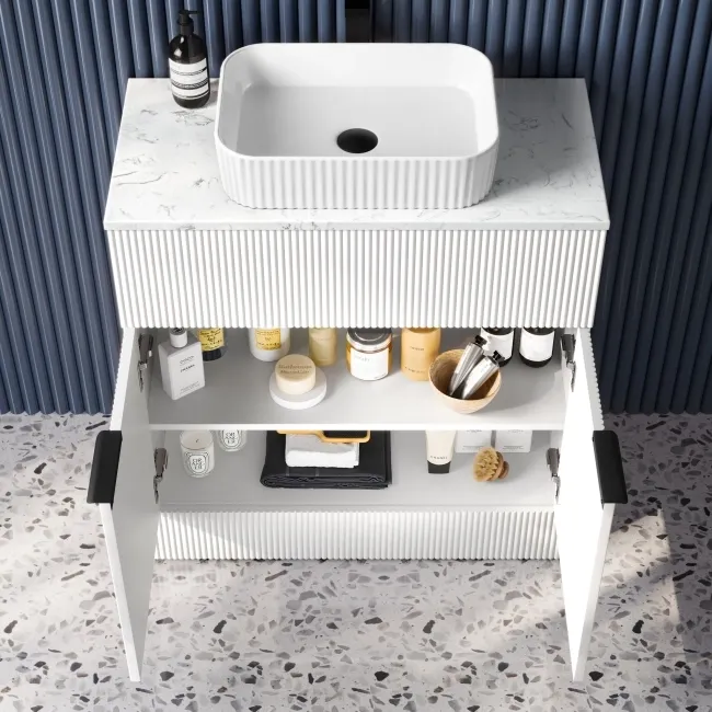 Havana Fluted Coastal White Cabinet with Marble Top & Reno Basin 800mm - Black Accents