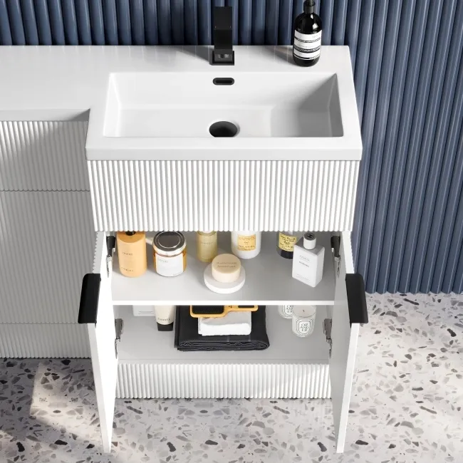 Havana Fluted Coastal White Basin Vanity and Back To Wall Toilet Unit 1100mm (Excludes Toilet) - Black Accents - Right Handed
