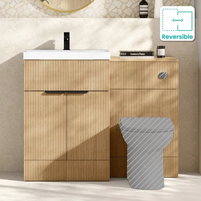 Havana Fluted Country Oak Basin Vanity and Back To Wall Toilet Unit 1100mm (Excludes Toilet) - Black Accents