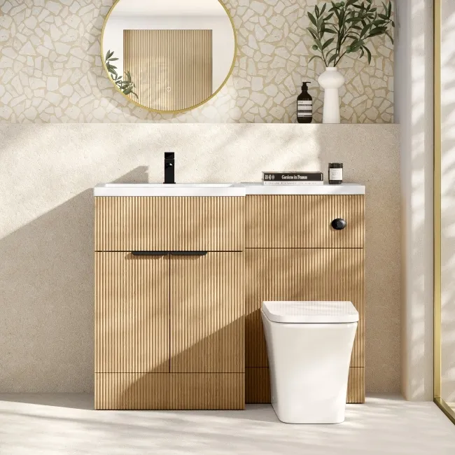 Havana Fluted Country Oak Combination Vanity Basin and Houston Toilet 1100mm - Black Accents - Left Handed