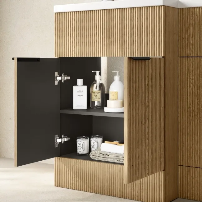 Havana Fluted Country Oak Combination Vanity Basin and Utah Comfort Height Toilet 1100mm - Black Accents - Left Handed