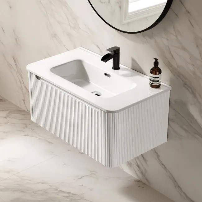Sorrento Fluted Coastal White Wall Hung Basin Drawer Vanity 800mm