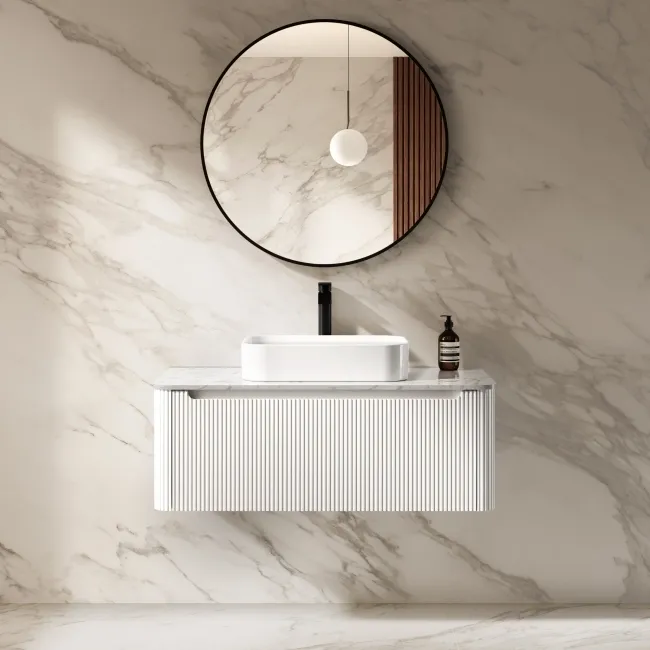 Sorrento Fluted Coastal White Wall Hung Drawer Vanity with Marble Top & Marin Basin 1000mm
