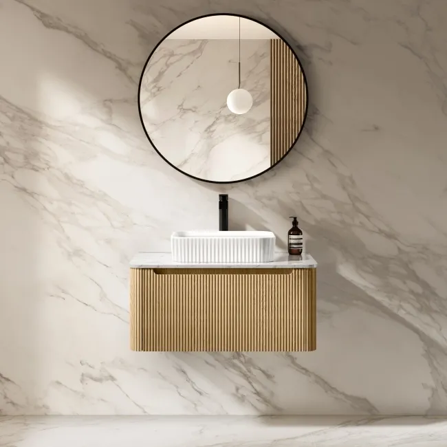 Sorrento Fluted Country Oak Wall Hung Drawer Vanity with Marble Top & Reno Basin 800mm