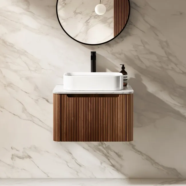Sorrento Fluted Black Walnut Wall Hung Drawer Vanity with Marble Top & Marin Basin 600mm