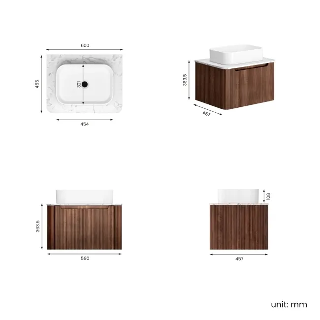 Sorrento Fluted Black Walnut Wall Hung Drawer Vanity with Marble Top & Marin Basin 600mm