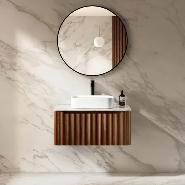 Sorrento Fluted Black Walnut Wall Hung Drawer Vanity with Marble Top & Marin Basin 800mm