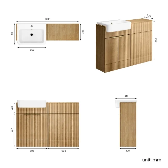 Sicily Fluted Country Oak Basin Vanity and Back To Wall Toilet Unit 1200mm (Excludes Toilet) - Brushed Brass Accents