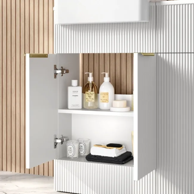 Sicily Fluted Coastal White Vanity and Back To Wall Toilet Unit 1000mm (Excludes Toilet) - Brushed Brass Accents
