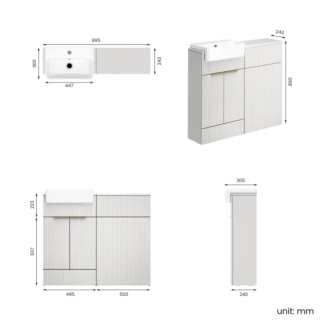 Sicily Fluted Coastal White Vanity and Back To Wall Toilet Unit 1000mm (Excludes Toilet) - Brushed Brass Accents