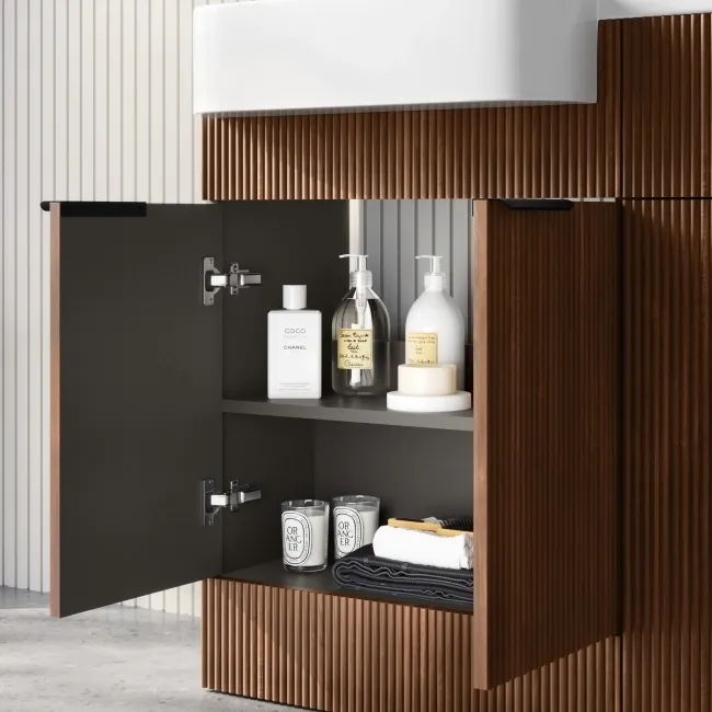 Sicily Fluted Black Walnut Combination Vanity Basin and Utah Comfort Height Toilet 1200mm - Black Accents - Left Handed