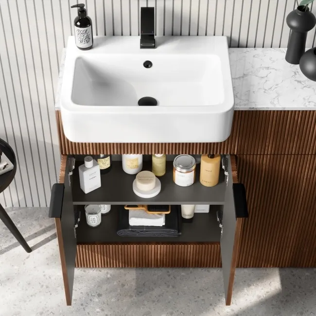 Sicily Fluted Black Walnut Basin Vanity with Marble Top & Back To Wall Unit 1200mm (Excludes Toilet) - Black Accents