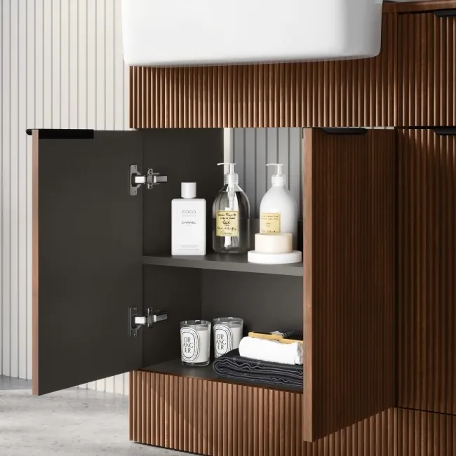 Sicily Fluted Black Walnut Combination Vanity Basin and Aruba Toilet 1500mm - Black Accents