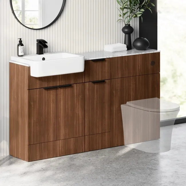 Sicily Fluted Black Walnut Combination Vanity Basin with Marble Top 1500mm (Excludes Toilet) - Black Accents
