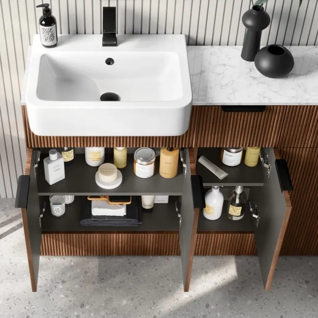 Sicily Fluted Black Walnut Combination Vanity Basin with Marble Top 1500mm (Excludes Toilet) - Black Accents