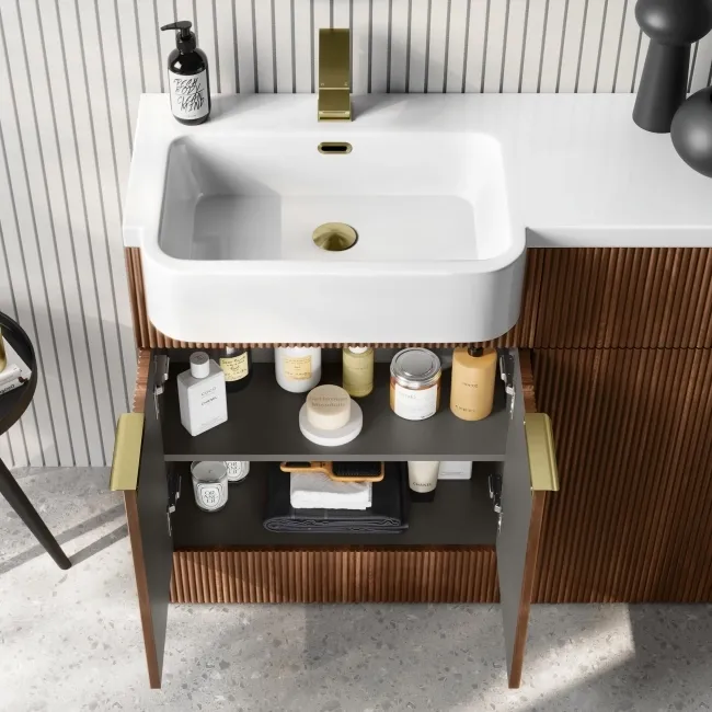 Sicily Fluted Black Walnut Basin Vanity and Back To Wall Toilet Unit 1200mm (Excludes Toilet) - Brushed Brass Accents - Left Handed