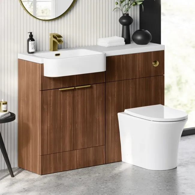 Sicily Fluted Black Walnut Combination Vanity Basin and Tucson Toilet 1200mm - Brushed Brass Accents - Left Handed