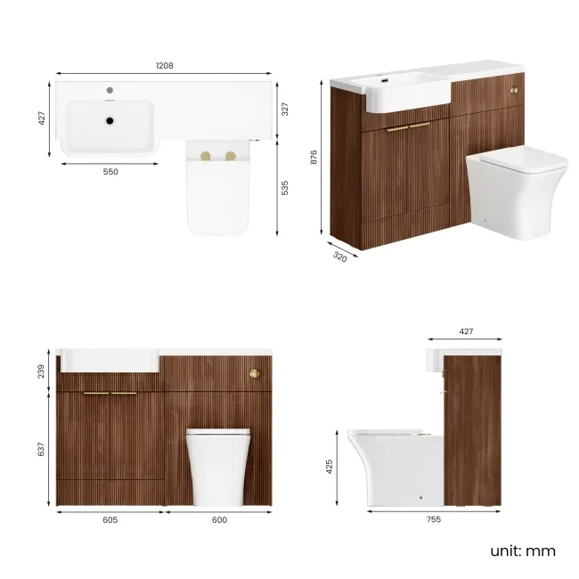 Sicily Fluted Black Walnut Combination Vanity Basin and Houston Toilet 1200mm - Brushed Brass Accents - Left Handed