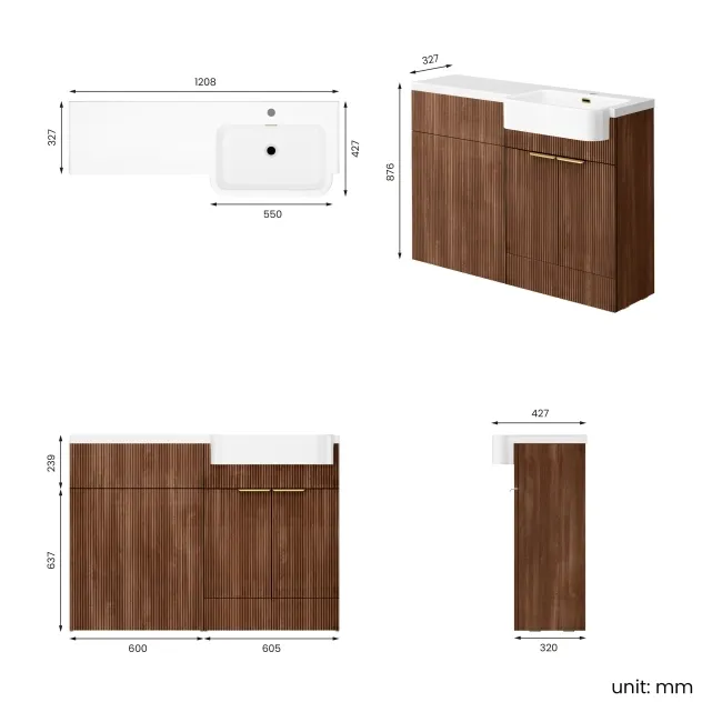 Sicily Fluted Black Walnut Basin Vanity and Back To Wall Toilet Unit 1200mm (Excludes Toilet) - Brushed Brass Accents - Right Handed