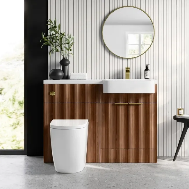 Sicily Fluted Black Walnut Combination Vanity Basin and Utah Comfort Height Toilet 1200mm - Brushed Brass Accents - Right Handed